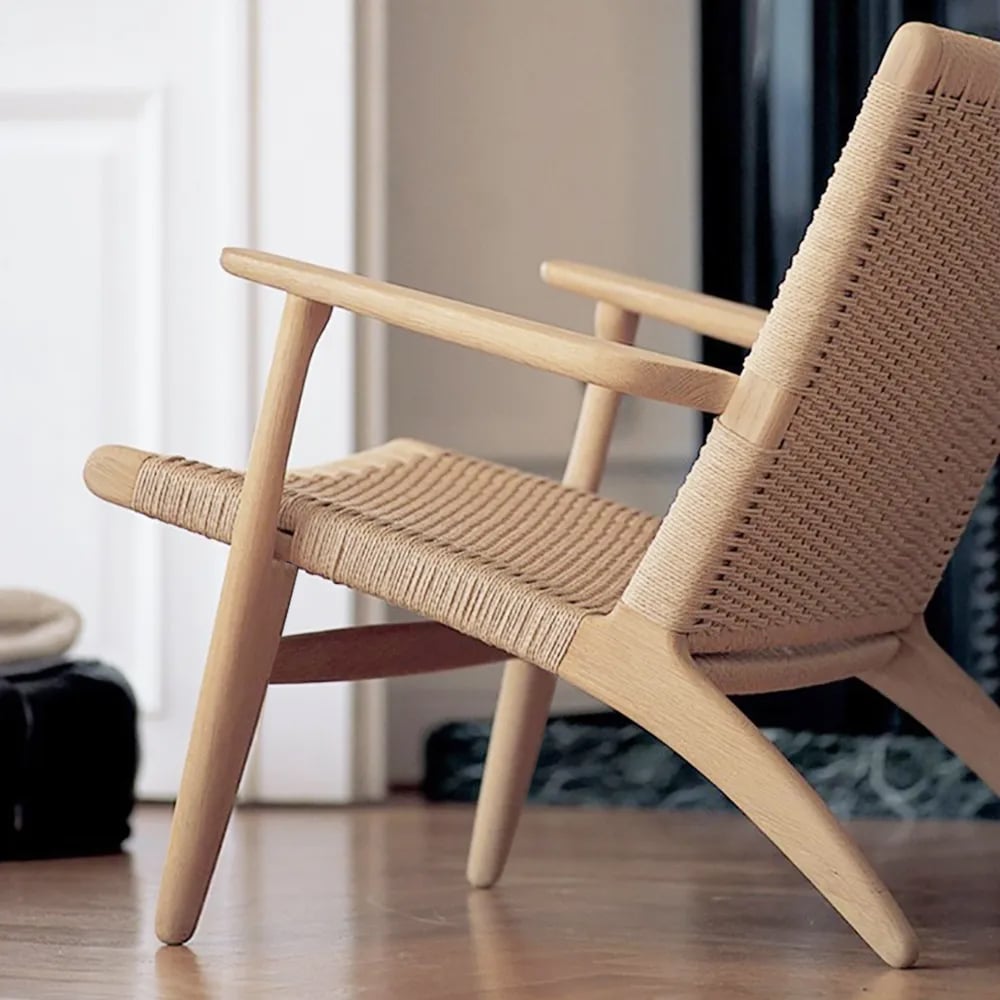 HMR - Boho Solid Wood Outdoor Patio Lounge Armchair with Woven Seat in Beige