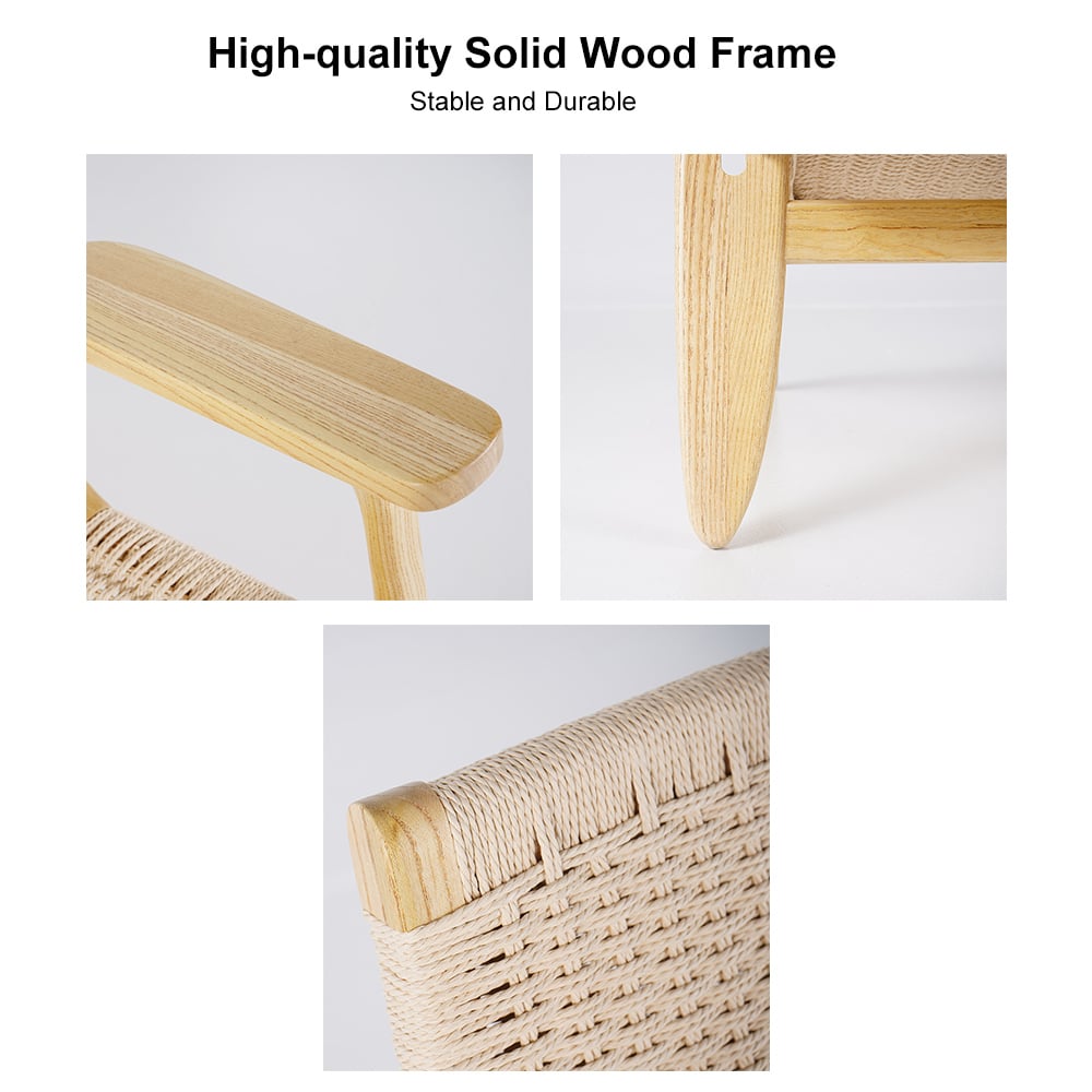 HMR - Boho Solid Wood Outdoor Patio Lounge Armchair with Woven Seat in Beige