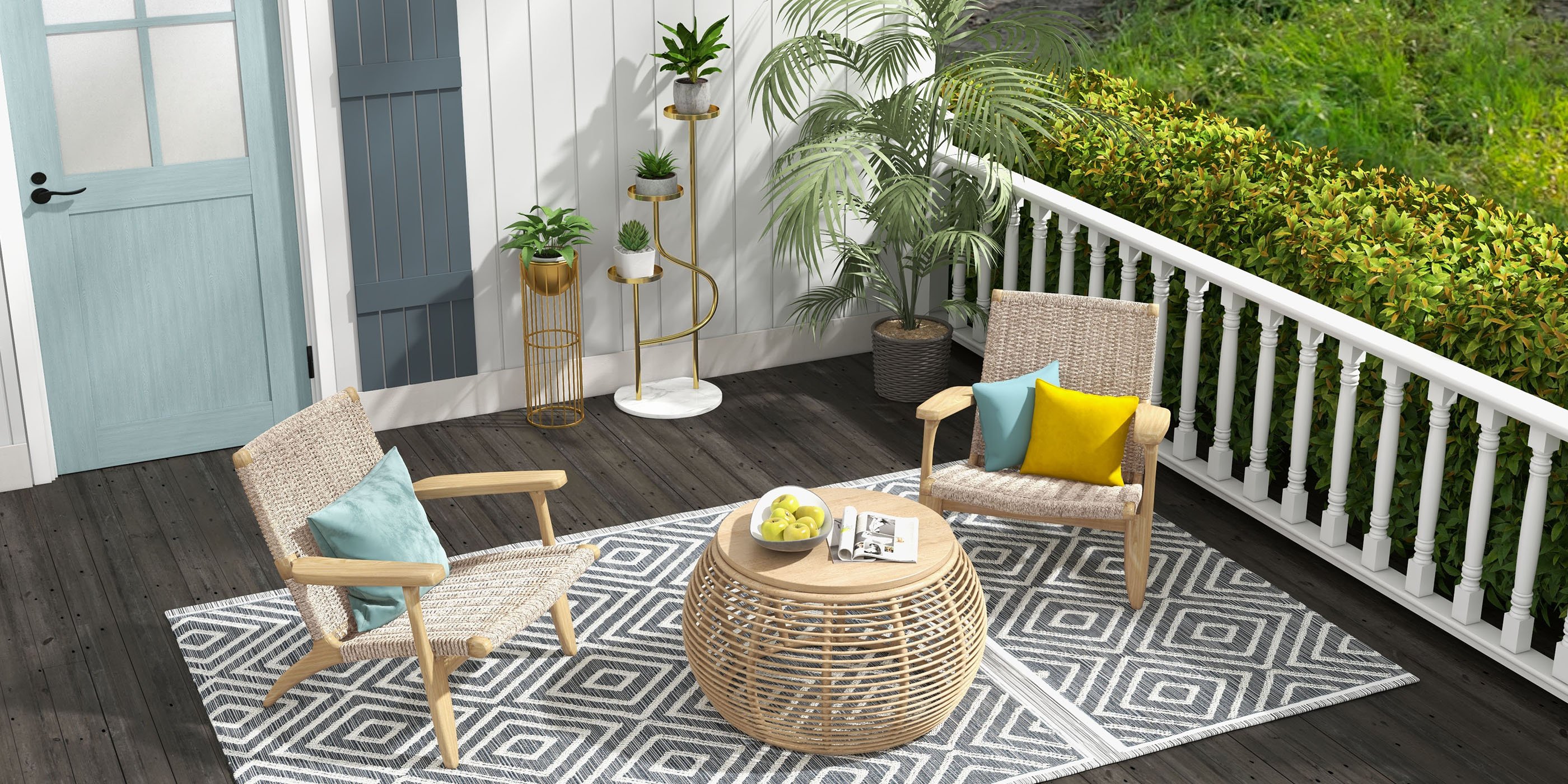 HMR - Boho Solid Wood Outdoor Patio Lounge Armchair with Woven Seat in Beige
