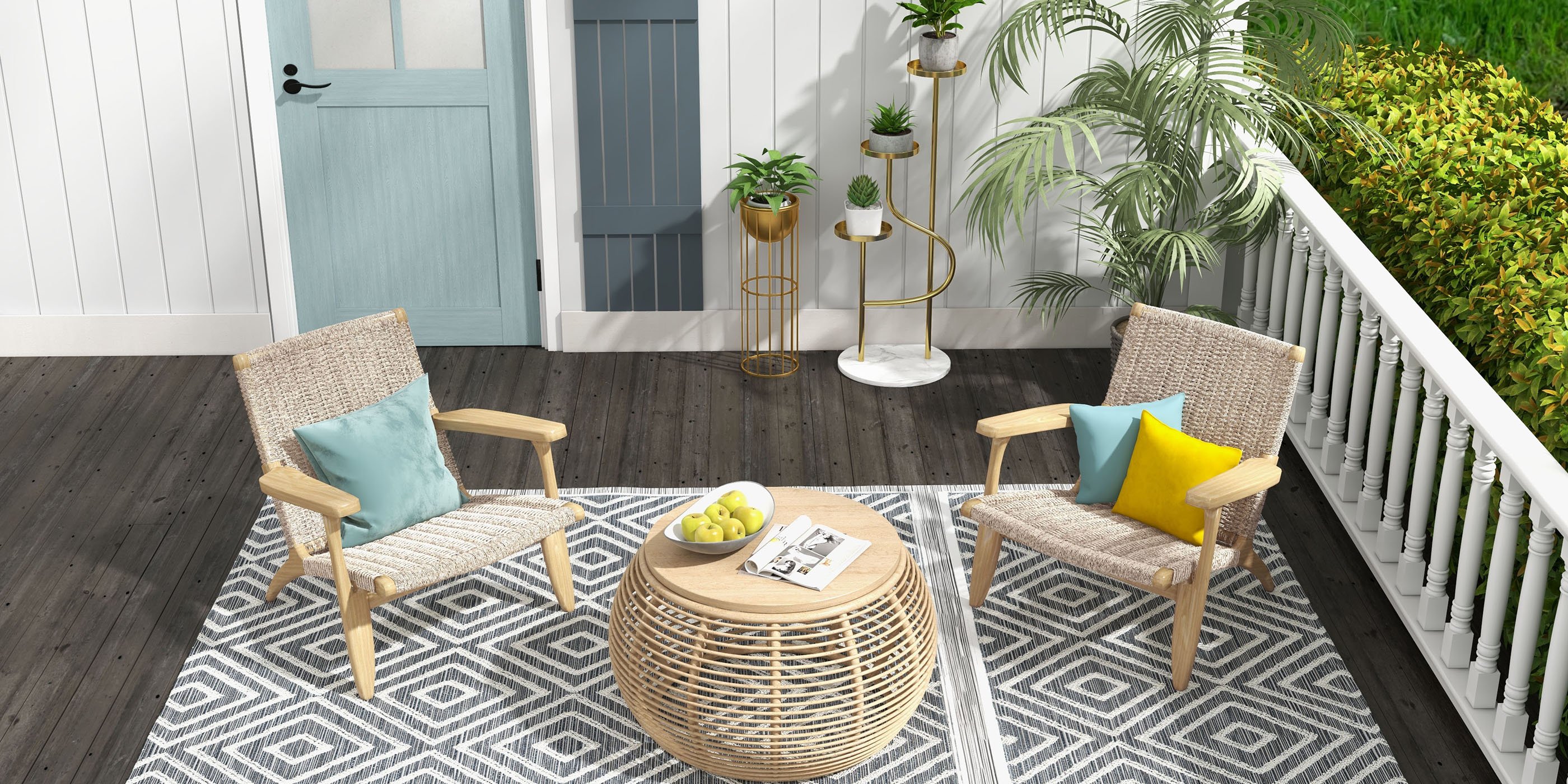 HMR - Boho Solid Wood Outdoor Patio Lounge Armchair with Woven Seat in Beige