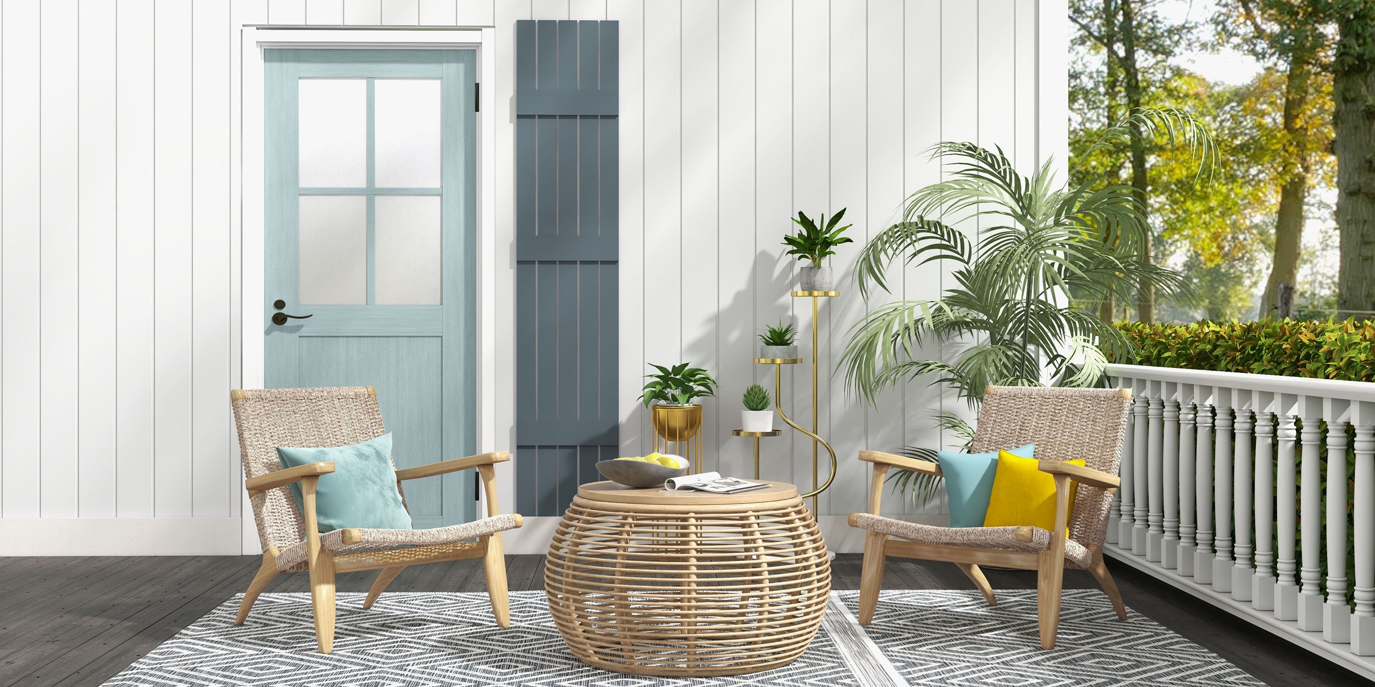 HMR - Boho Solid Wood Outdoor Patio Lounge Armchair with Woven Seat in Beige