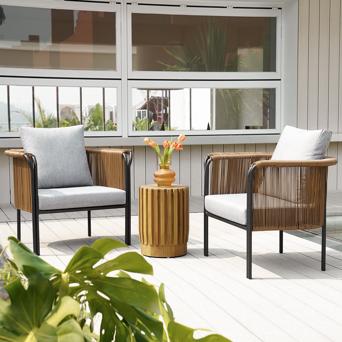 HMR - Modern Woven Rattan Outdoor Barrel Chair Armchair with Back Flared Edge in Brown & Gray