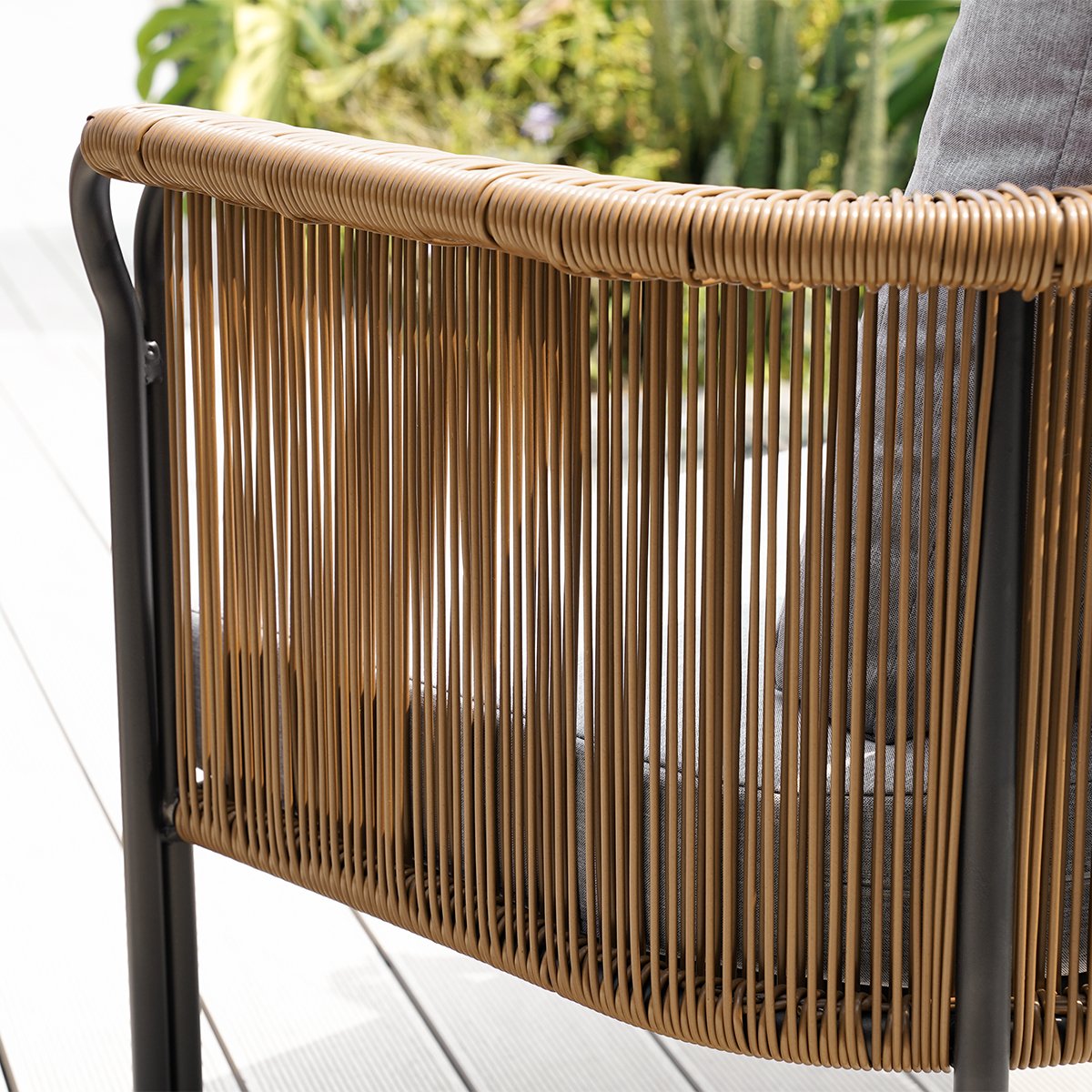 HMR - Modern Woven Rattan Outdoor Barrel Chair Armchair with Back Flared Edge in Brown & Gray