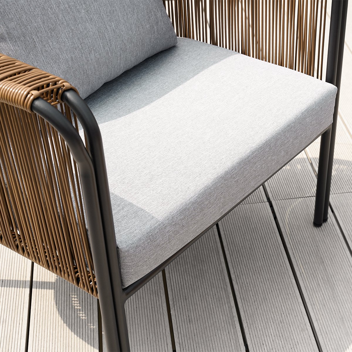 HMR - Modern Woven Rattan Outdoor Barrel Chair Armchair with Back Flared Edge in Brown & Gray
