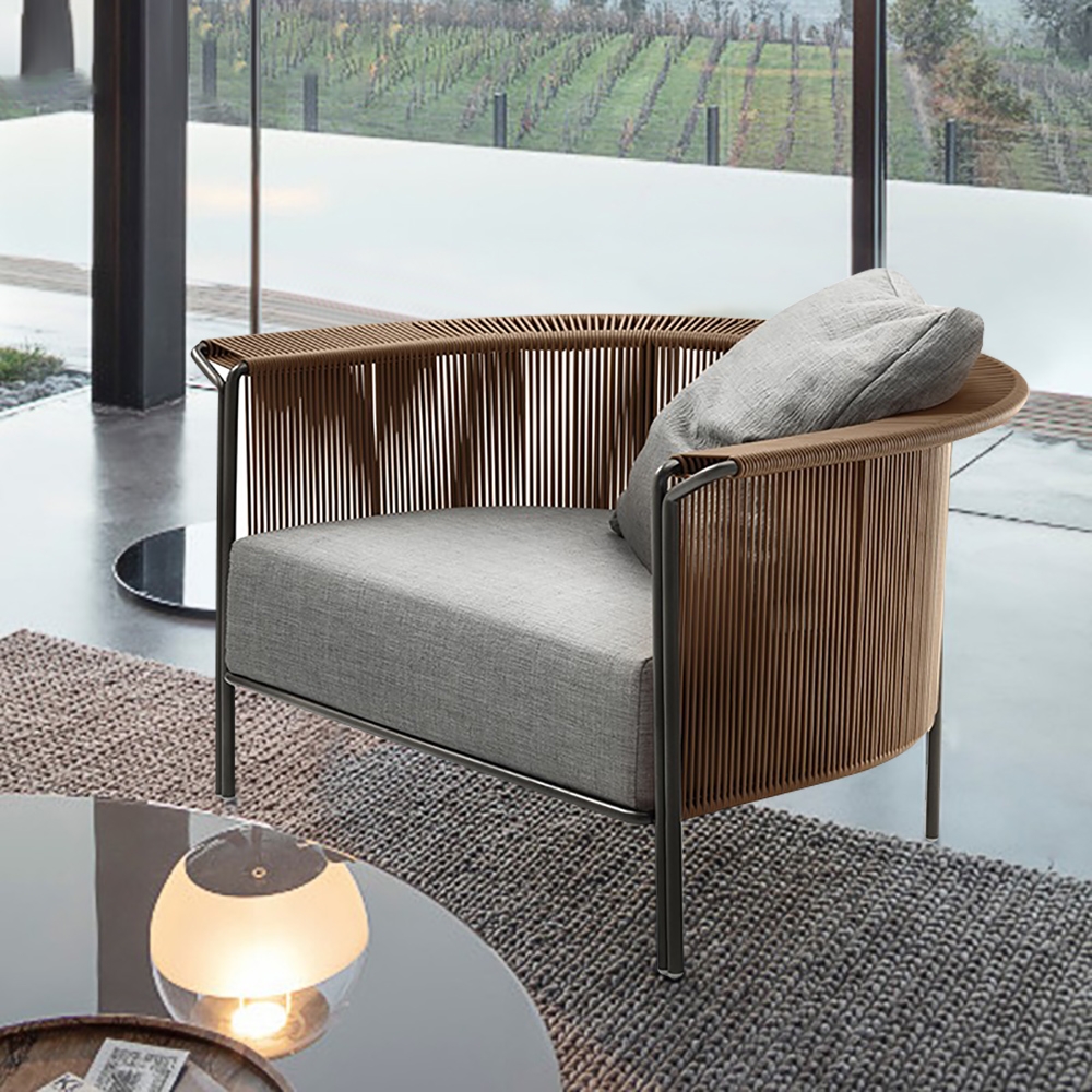 HMR - Modern Woven Rattan Outdoor Barrel Chair Armchair with Back Flared Edge in Brown & Gray