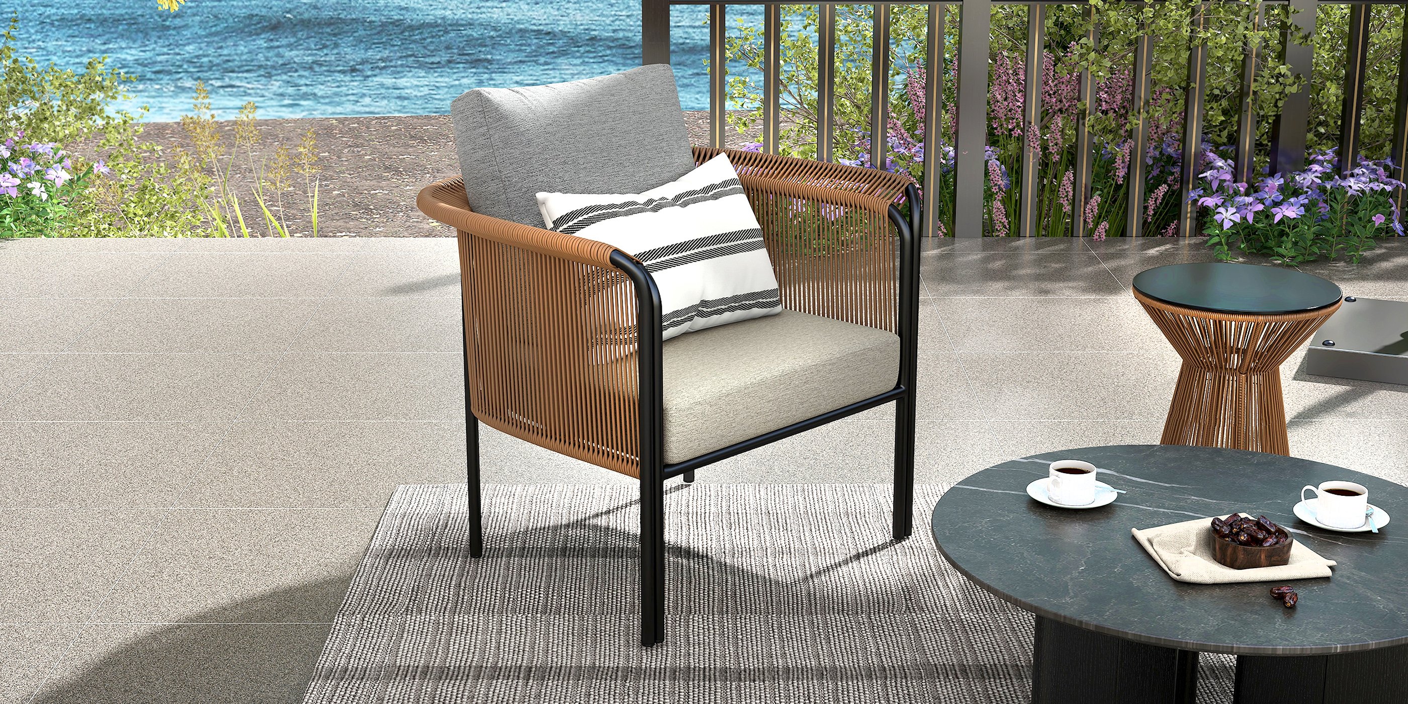 HMR - Modern Woven Rattan Outdoor Barrel Chair Armchair with Back Flared Edge in Brown & Gray