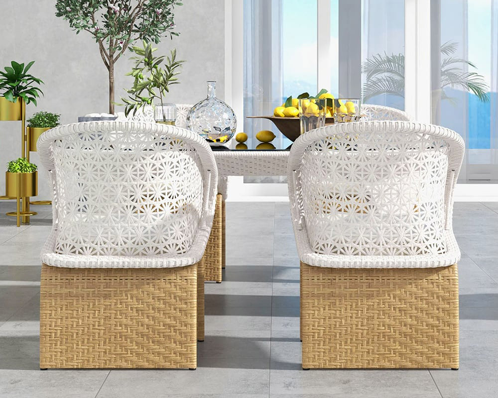HMR Traditional Aluminum Outdoor Dining Set with 63" Oval Glass Table Rattan Armchair - White, 5-Pieces
