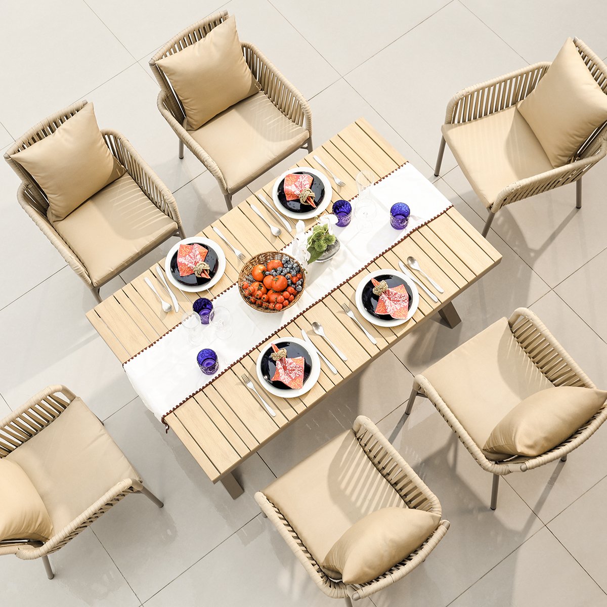 HMR - 7-Pieces Outdoor Dining Set with Wood-Top Table and 6 Woven Rope Armchair in Khaki