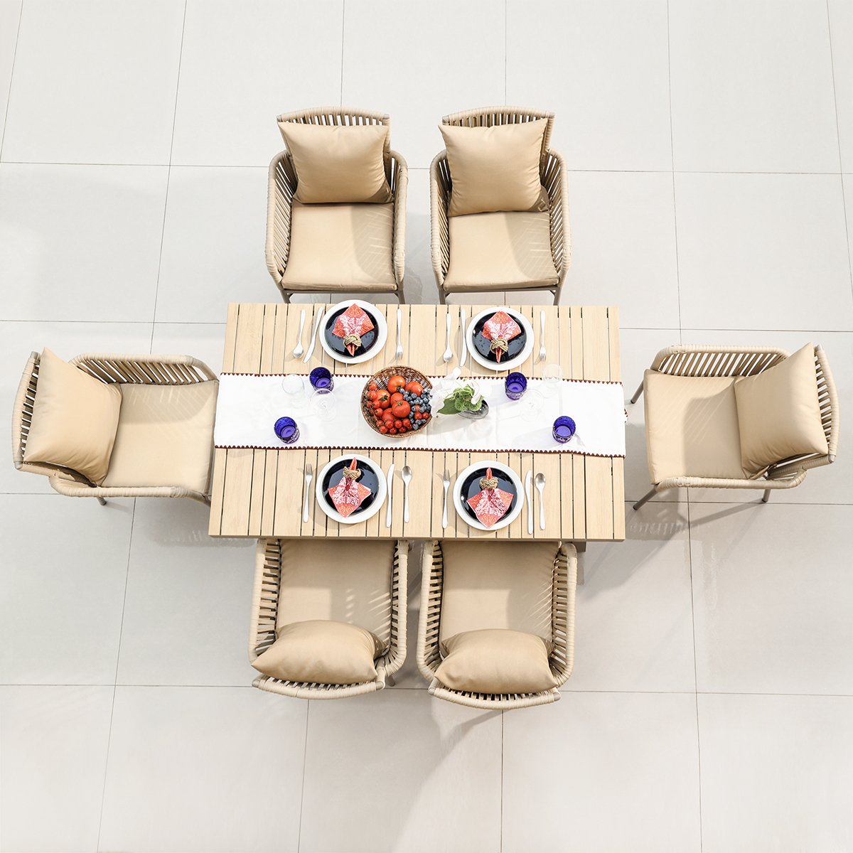 HMR - 7-Pieces Outdoor Dining Set with Wood-Top Table and 6 Woven Rope Armchair in Khaki
