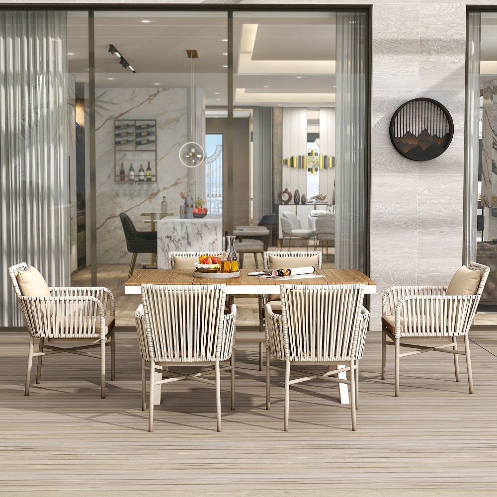 HMR - 7-Pieces Outdoor Dining Set with Wood-Top Table and 6 Woven Rope Armchair in Khaki