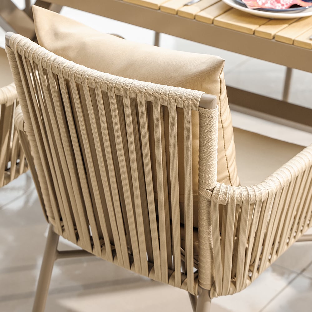 HMR - 7-Pieces Outdoor Dining Set with Wood-Top Table and 6 Woven Rope Armchair in Khaki