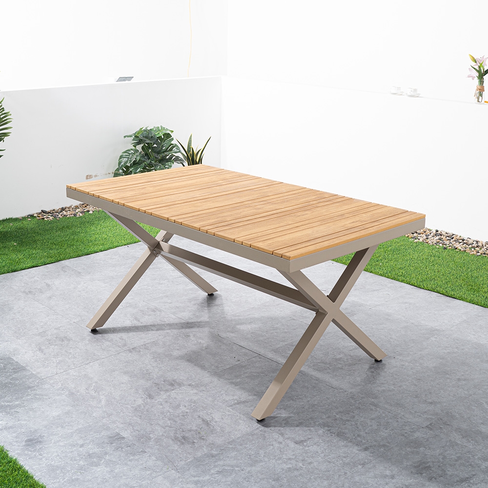 HMR - 7-Pieces Outdoor Dining Set with Wood-Top Table and 6 Woven Rope Armchair in Khaki