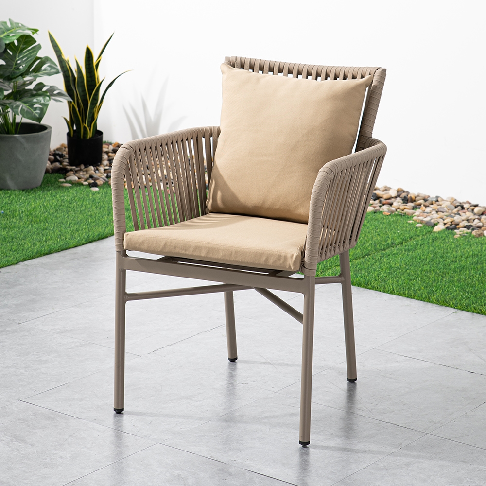 HMR - 7-Pieces Outdoor Dining Set with Wood-Top Table and 6 Woven Rope Armchair in Khaki