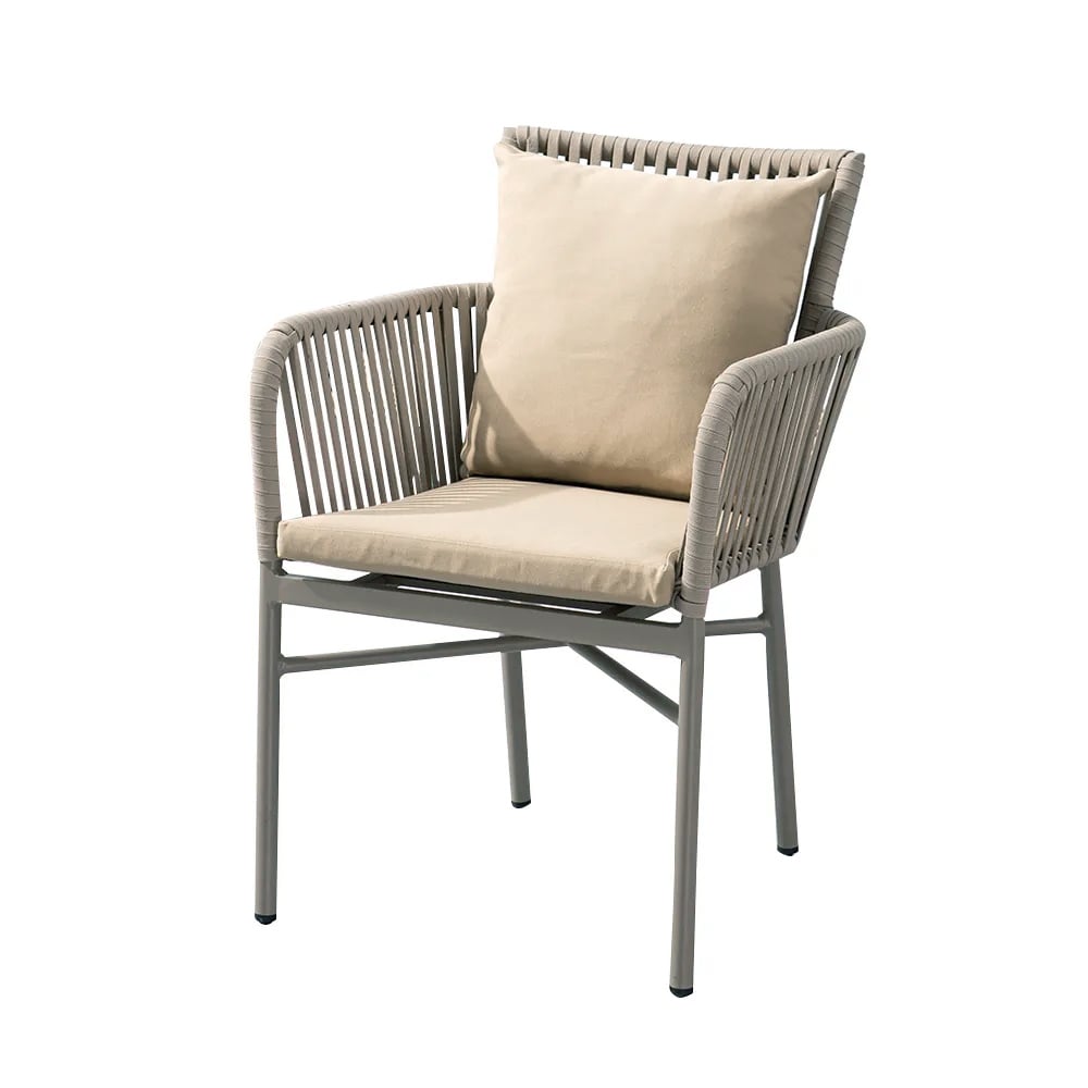 HMR - 7-Pieces Outdoor Dining Set with Wood-Top Table and 6 Woven Rope Armchair in Khaki