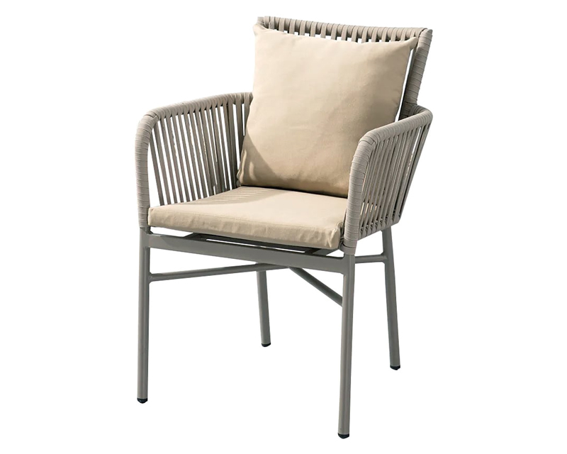 HMR - 7-Pieces Outdoor Dining Set with Wood-Top Table and 6 Woven Rope Armchair in Khaki