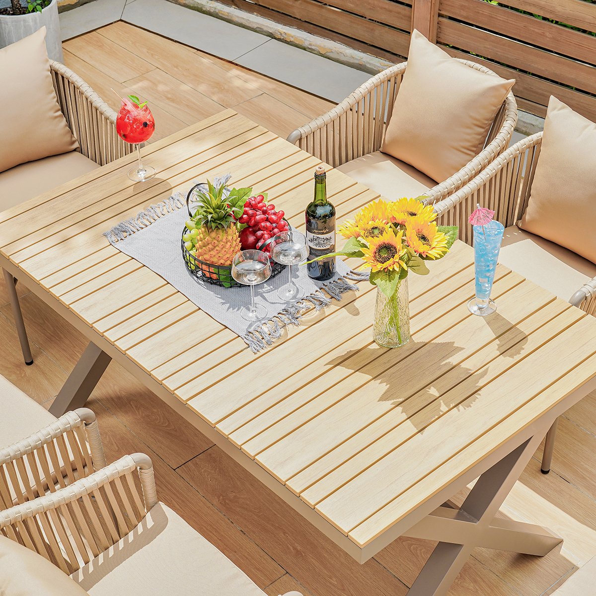 HMR - 7-Pieces Outdoor Dining Set with Rectangle Table and Woven Armchair in Natural