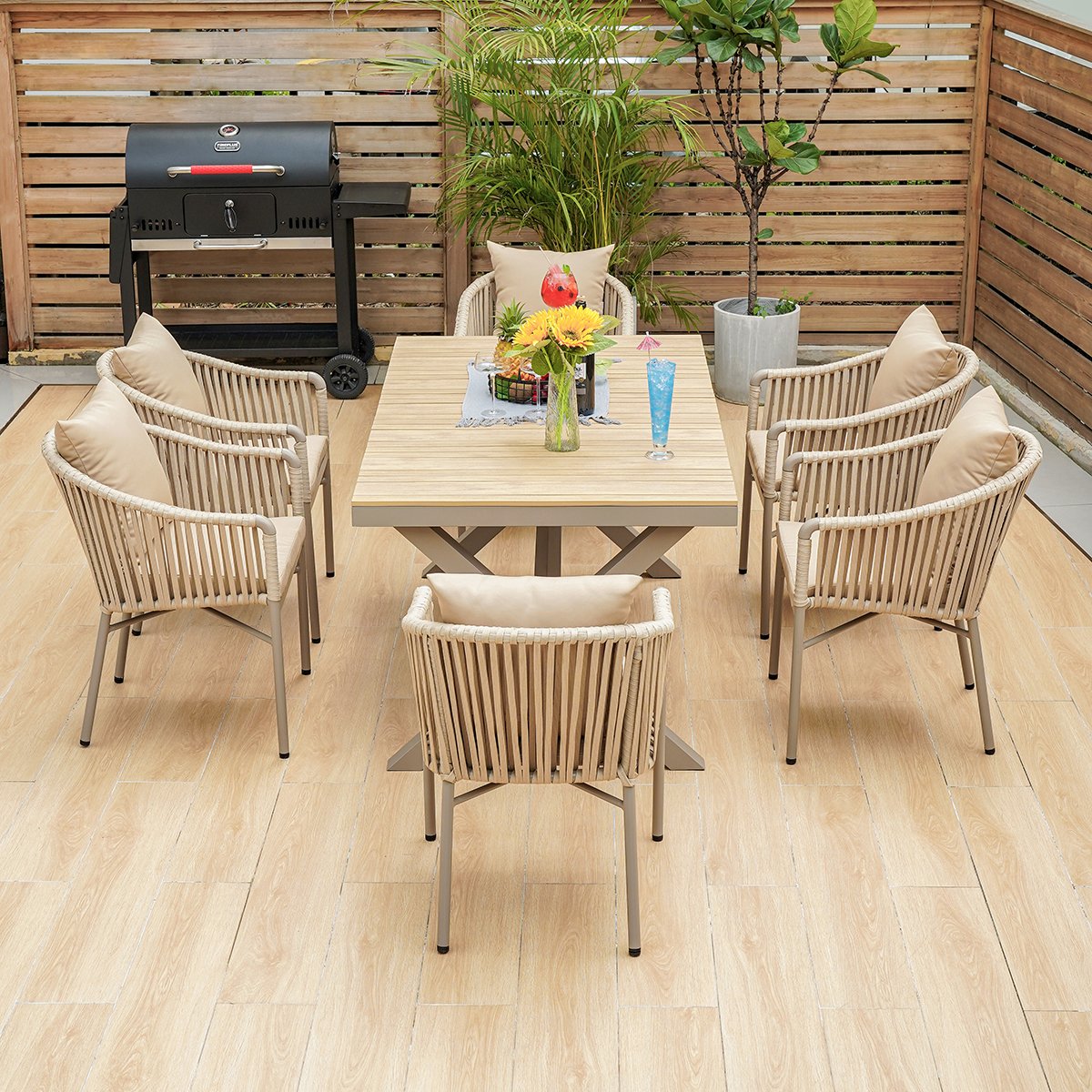 HMR - 7-Pieces Outdoor Dining Set with Rectangle Table and Woven Armchair in Natural