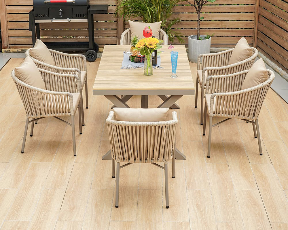 HMR - 7-Pieces Outdoor Dining Set with Rectangle Table and Woven Armchair in Natural