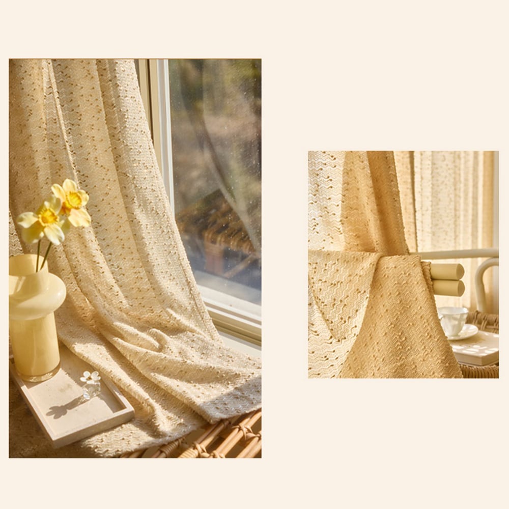 HMR - Gold Texture shining Living Room Semi Sheer Light Filtering Hook Single Curtain Panel