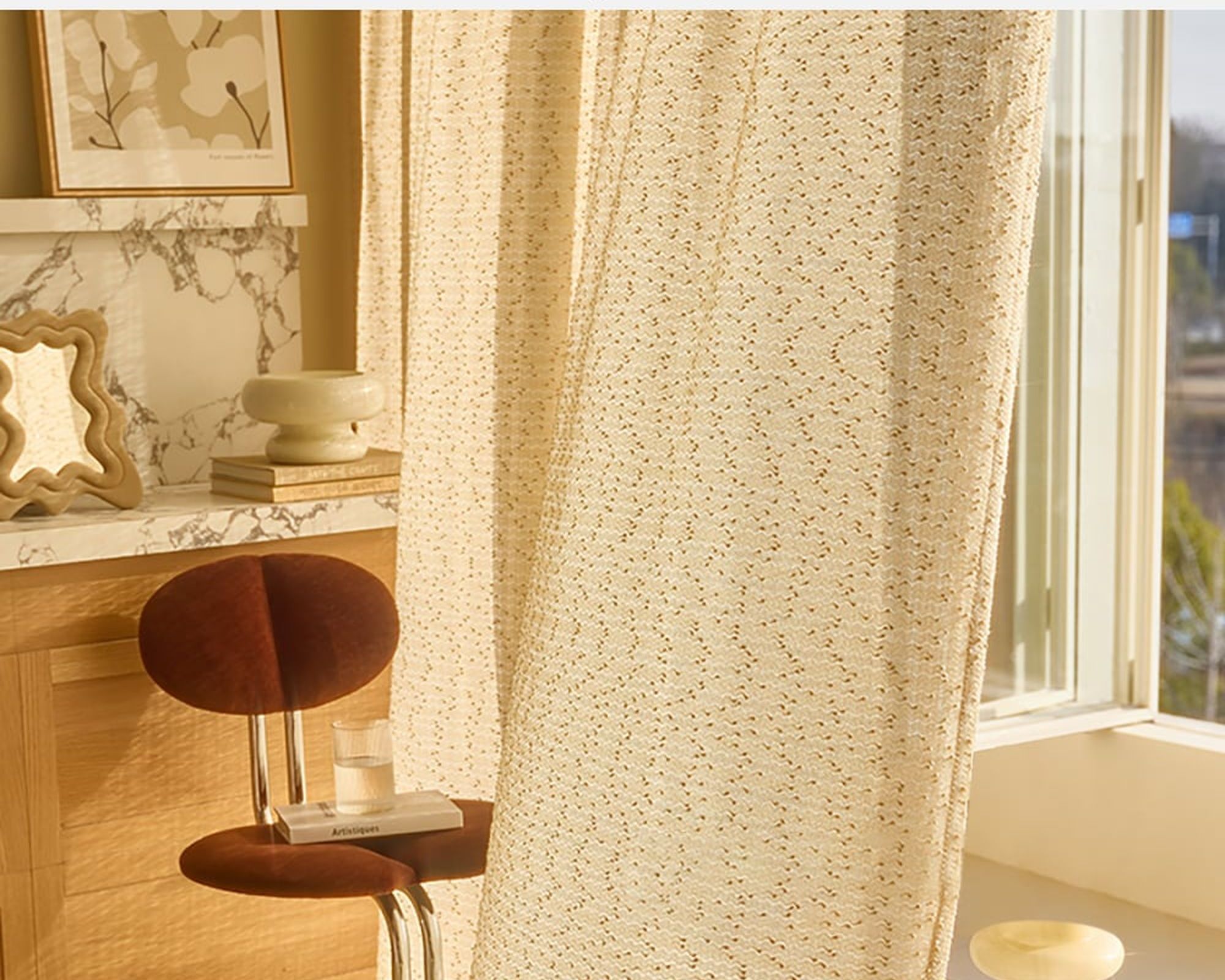 HMR - Gold Texture shining Living Room Semi Sheer Light Filtering Hook Single Curtain Panel