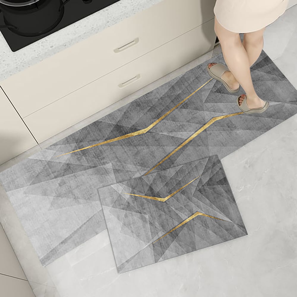 HMR - 2-Pieces Modern Gold Washable Kitchen Runner Mats Non-slip Anti Fatigue Kitchen Rug Set