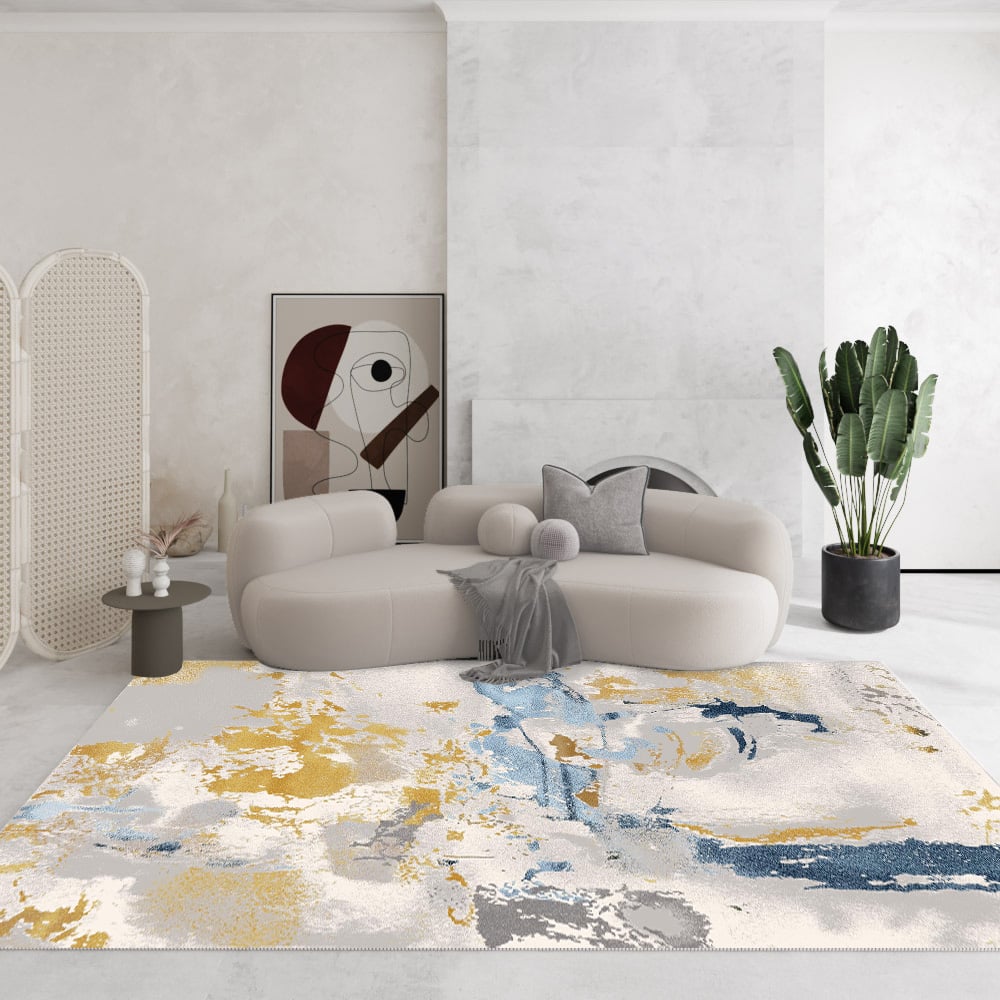 HMR - 5'x 7' Modern Abstract Area Rug in Blue & Gold Rectangular Decorative Carpet