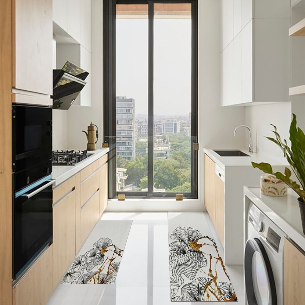 HMR - 2PCS Gold Abstract Geometric Kitchen Running Mat Non-slip Absorbent Kitchen Rug Set