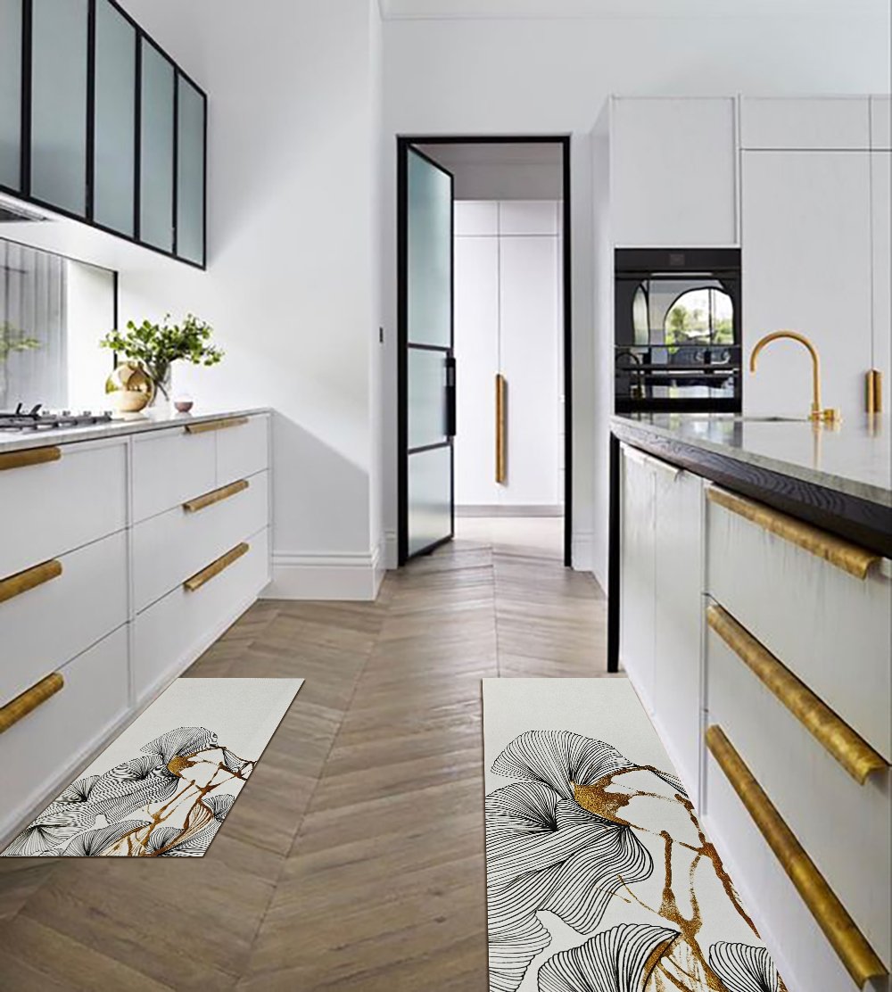 HMR - 2PCS Gold Abstract Geometric Kitchen Running Mat Non-slip Absorbent Kitchen Rug Set