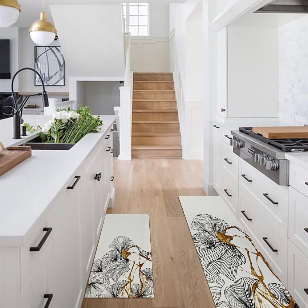 HMR - 2PCS Gold Abstract Geometric Kitchen Running Mat Non-slip Absorbent Kitchen Rug Set