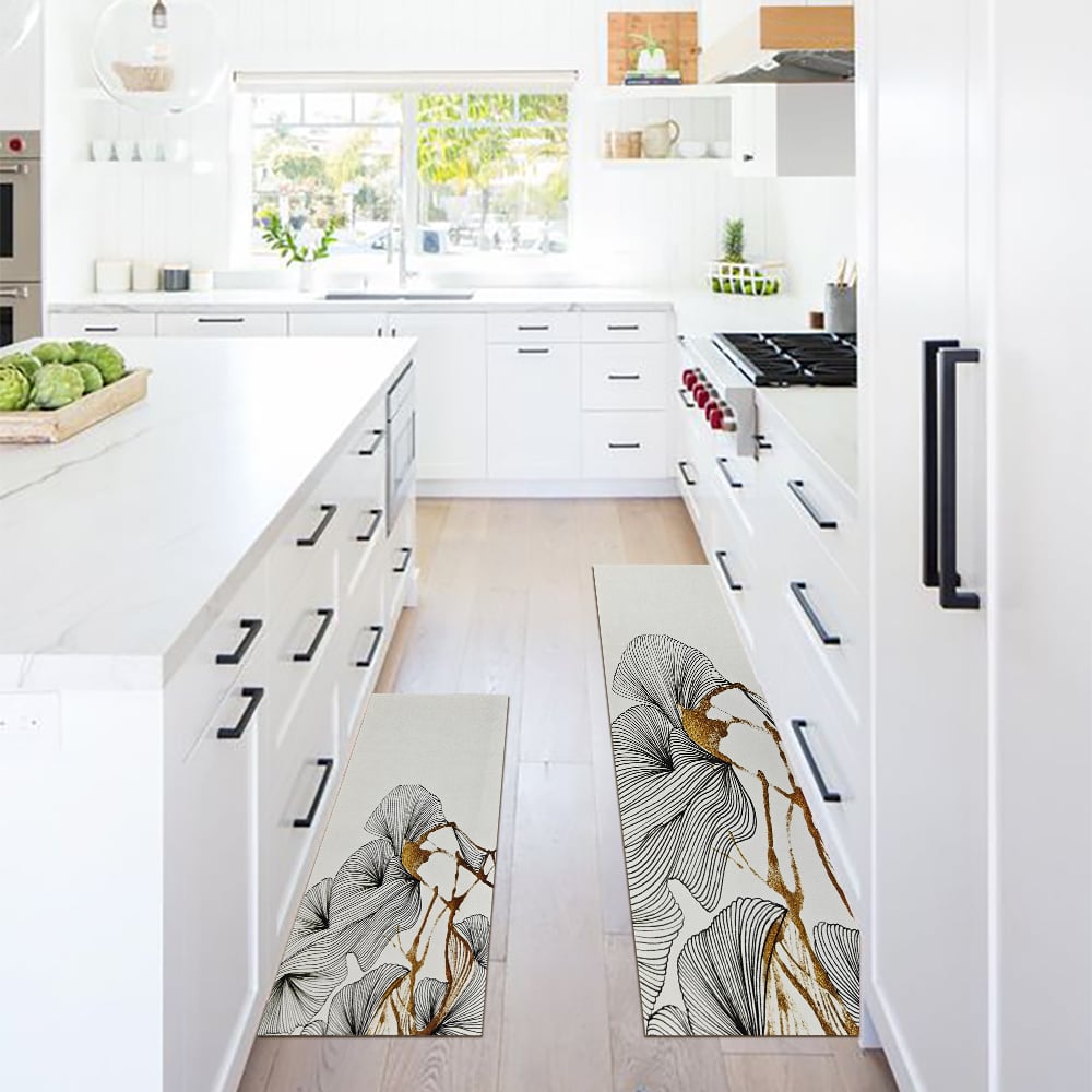 HMR - 2PCS Gold Abstract Geometric Kitchen Running Mat Non-slip Absorbent Kitchen Rug Set