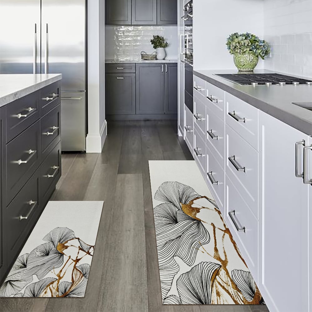 HMR - 2PCS Gold Abstract Geometric Kitchen Running Mat Non-slip Absorbent Kitchen Rug Set