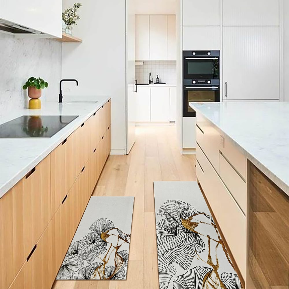 HMR - 2PCS Gold Abstract Geometric Kitchen Running Mat Non-slip Absorbent Kitchen Rug Set