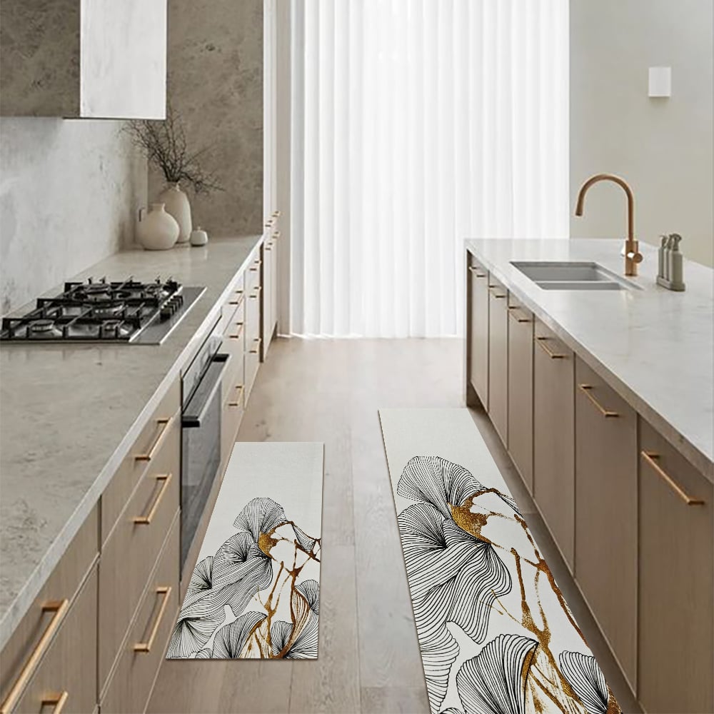 HMR - 2PCS Gold Abstract Geometric Kitchen Running Mat Non-slip Absorbent Kitchen Rug Set