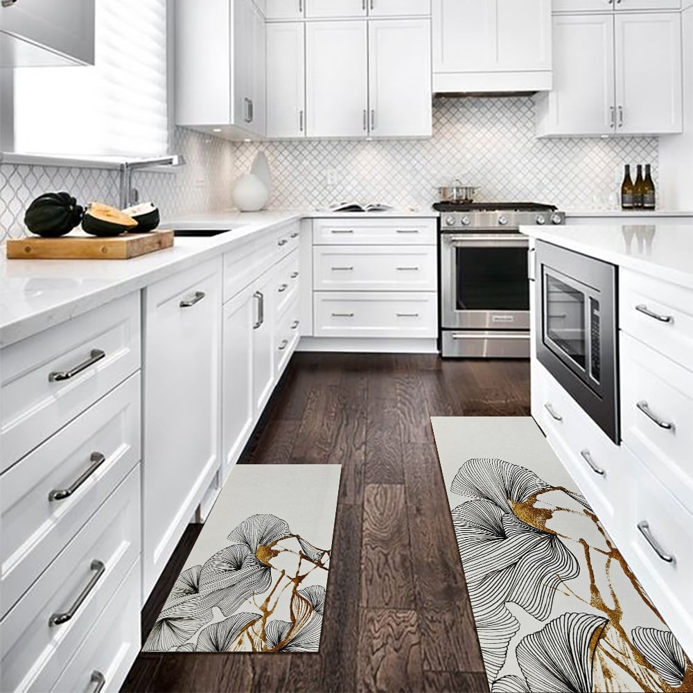 HMR - 2PCS Gold Abstract Geometric Kitchen Running Mat Non-slip Absorbent Kitchen Rug Set