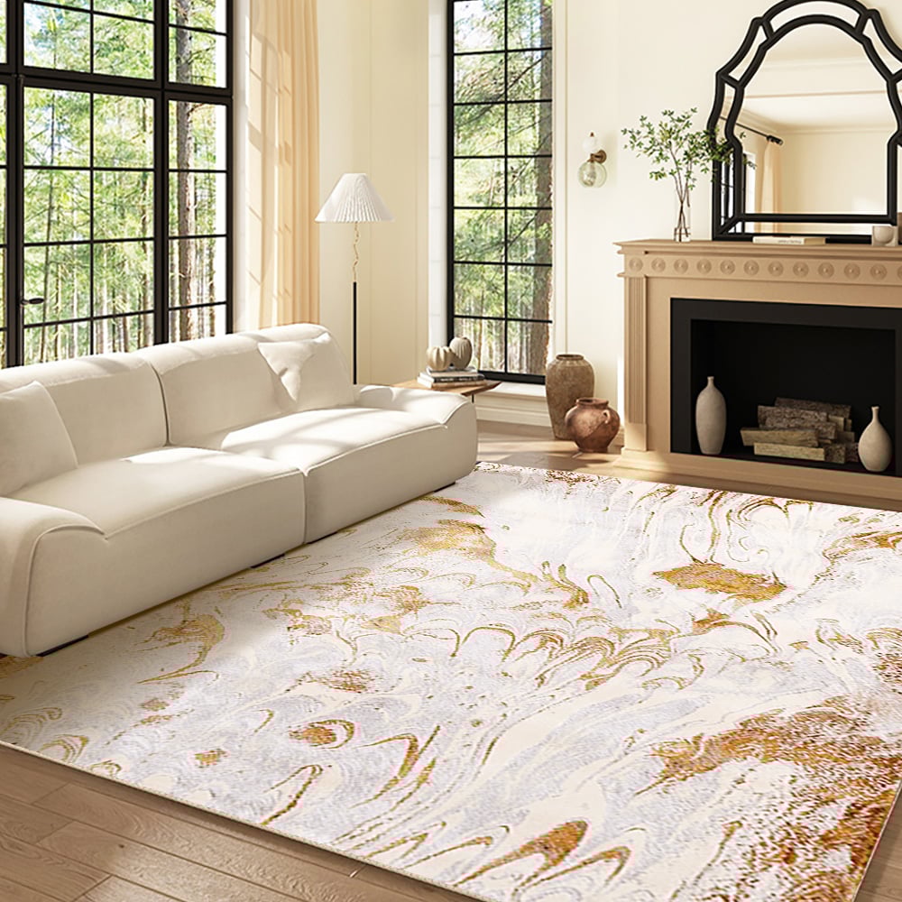 HMR - Gradient Gold Abstract Living Room Carpet Machine Washable Non-slip Waterproof Area Rug