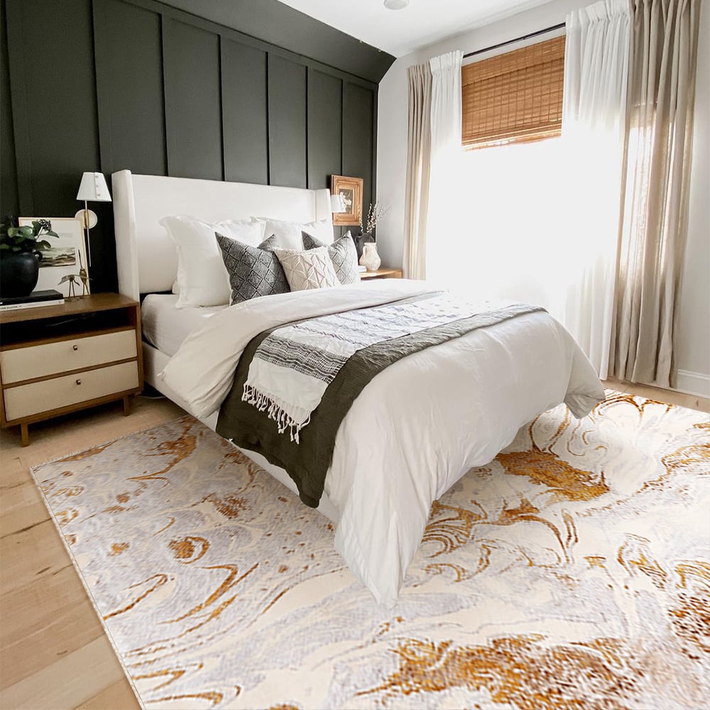 HMR - Gradient Gold Abstract Living Room Carpet Machine Washable Non-slip Waterproof Area Rug