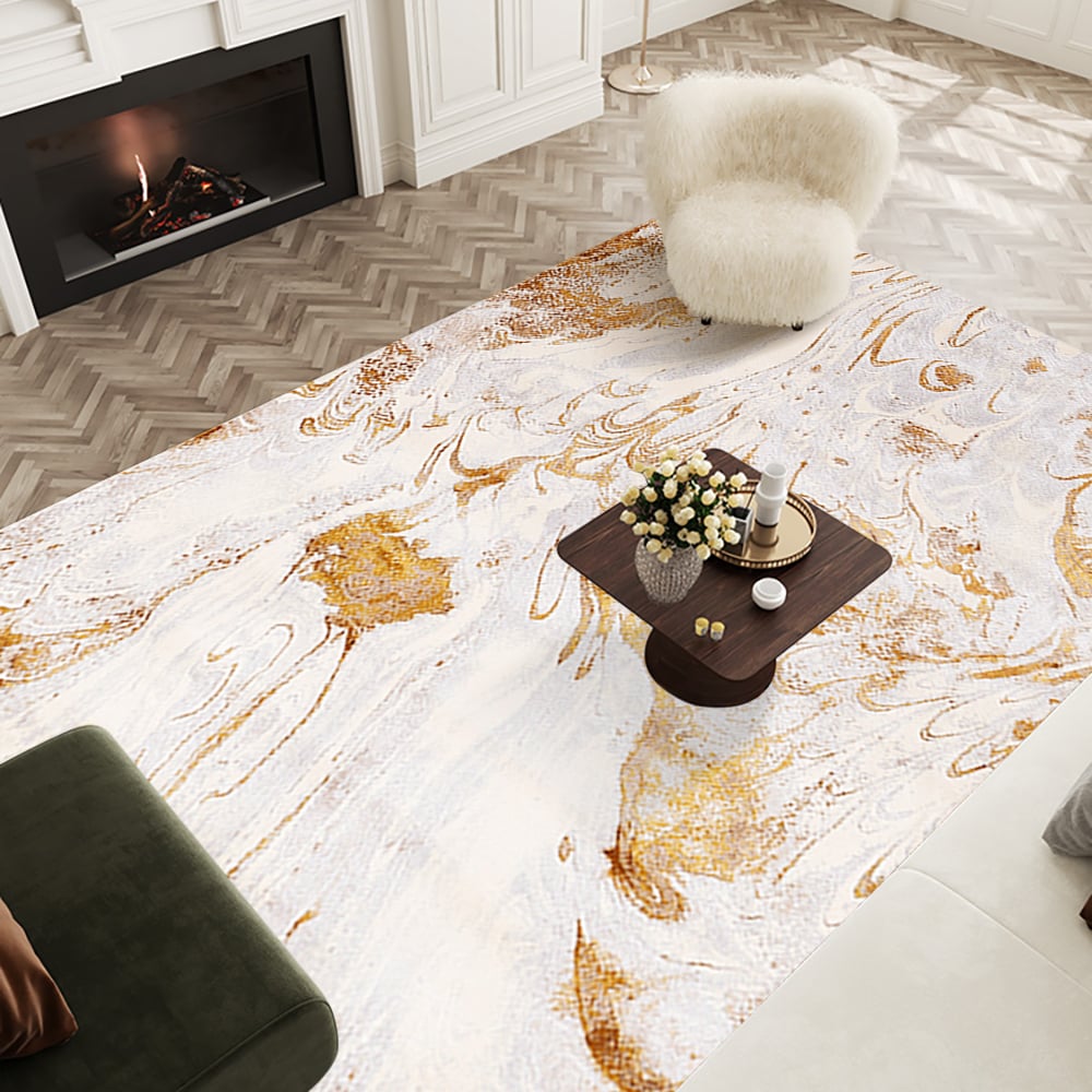 HMR - Gradient Gold Abstract Living Room Carpet Machine Washable Non-slip Waterproof Area Rug