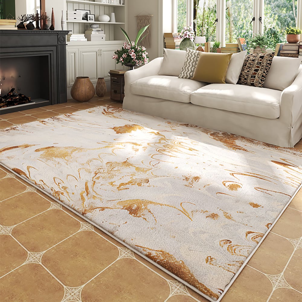HMR - Gradient Gold Abstract Living Room Carpet Machine Washable Non-slip Waterproof Area Rug