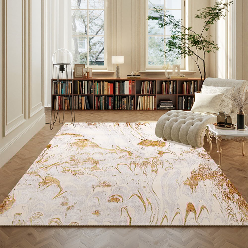 HMR - Gradient Gold Abstract Living Room Carpet Machine Washable Non-slip Waterproof Area Rug