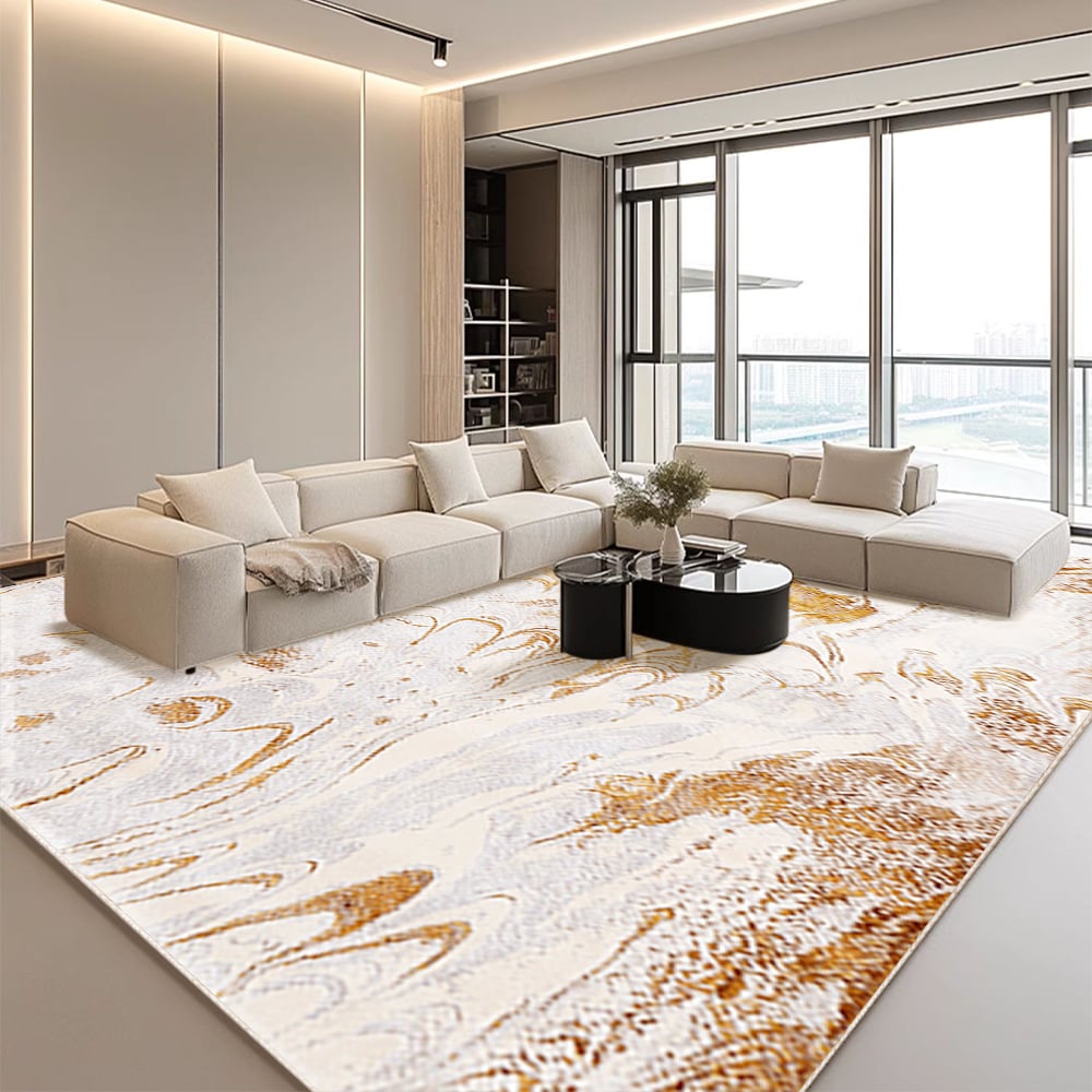 HMR - Gradient Gold Abstract Living Room Carpet Machine Washable Non-slip Waterproof Area Rug