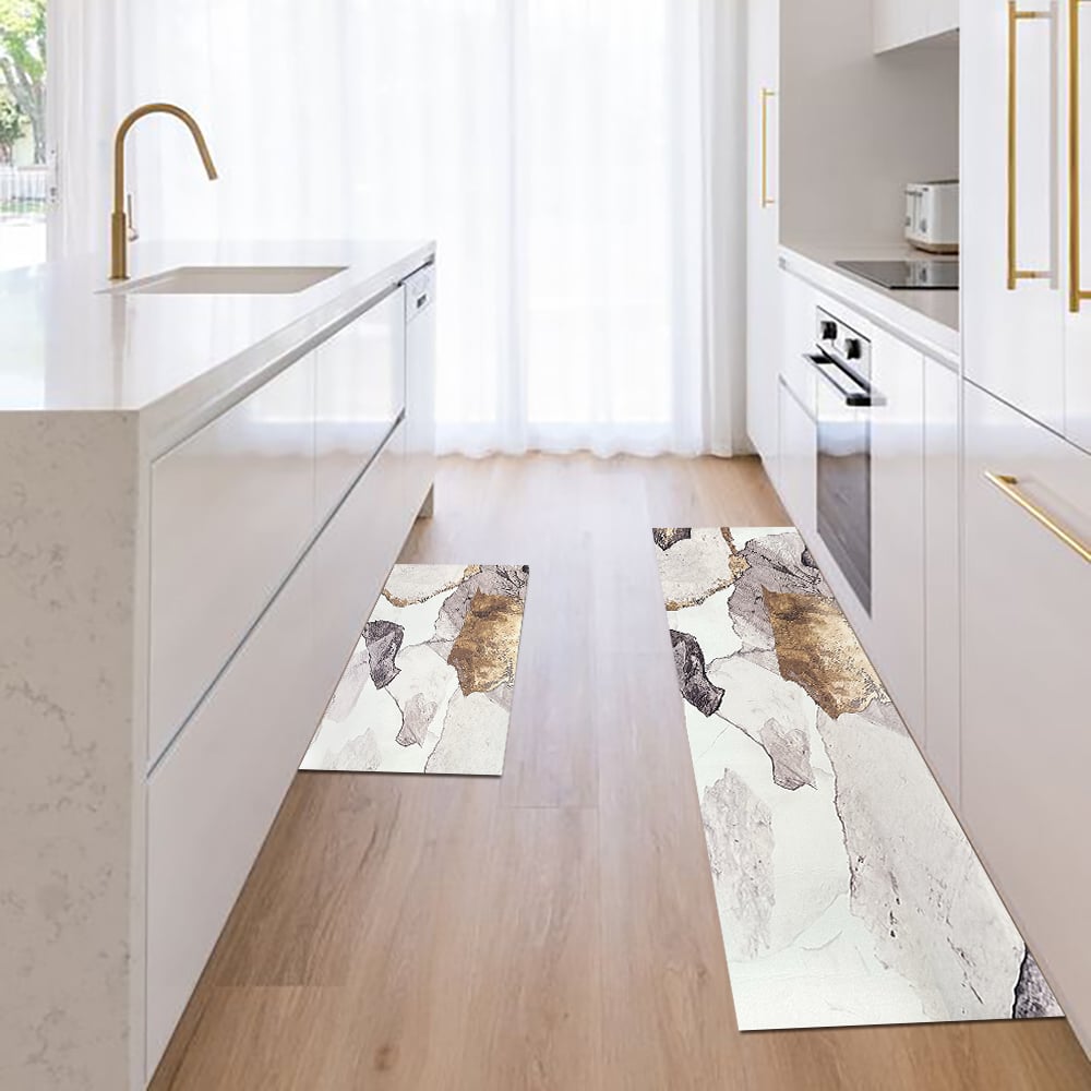 HMR - 2 Pieces Modern Gold Kitchen Runner Mats Non-slip Abstract Kitchen Mat Set
