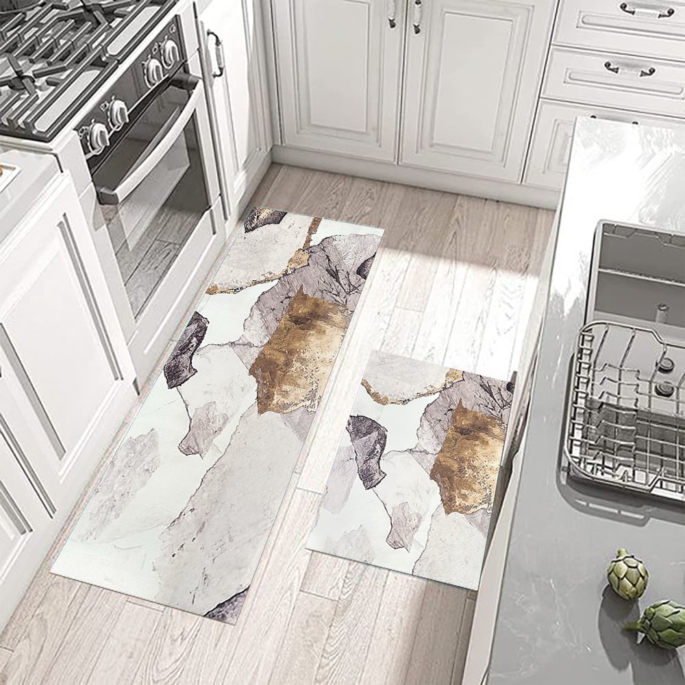 HMR - 2 Pieces Modern Gold Kitchen Runner Mats Non-slip Abstract Kitchen Mat Set