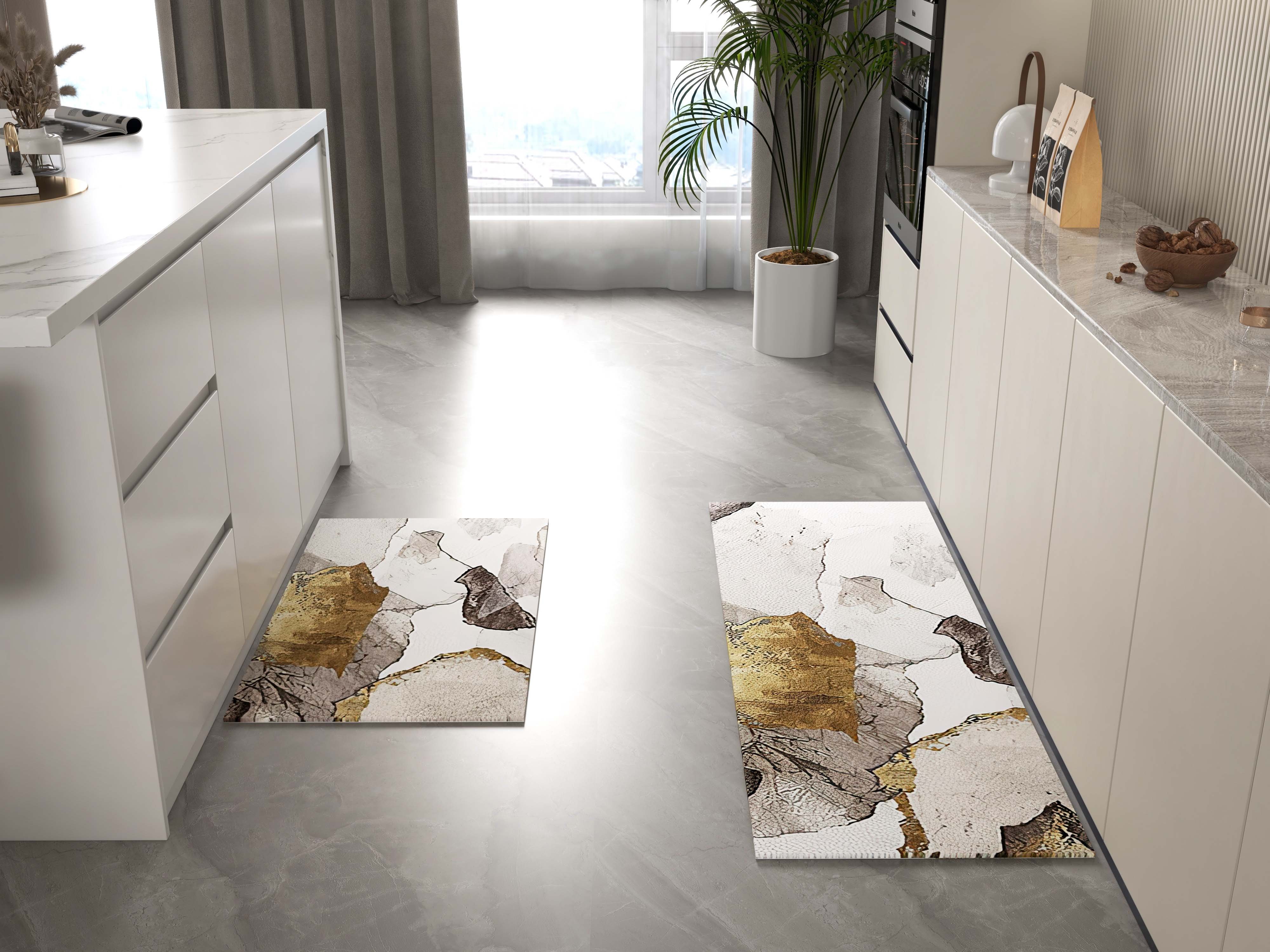 HMR - 2 Pieces Modern Gold Kitchen Runner Mats Non-slip Abstract Kitchen Mat Set