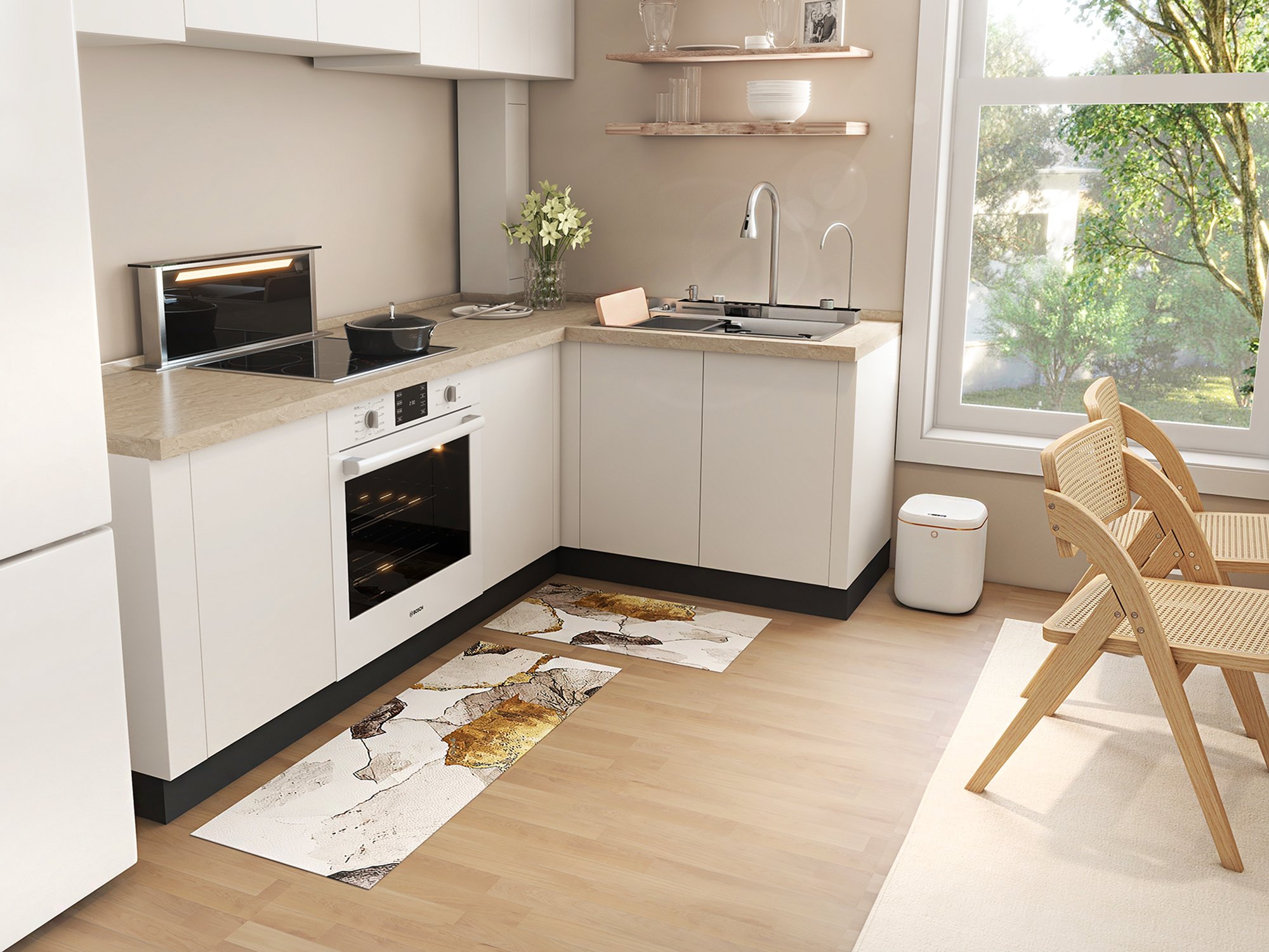 HMR - 2 Pieces Modern Gold Kitchen Runner Mats Non-slip Abstract Kitchen Mat Set