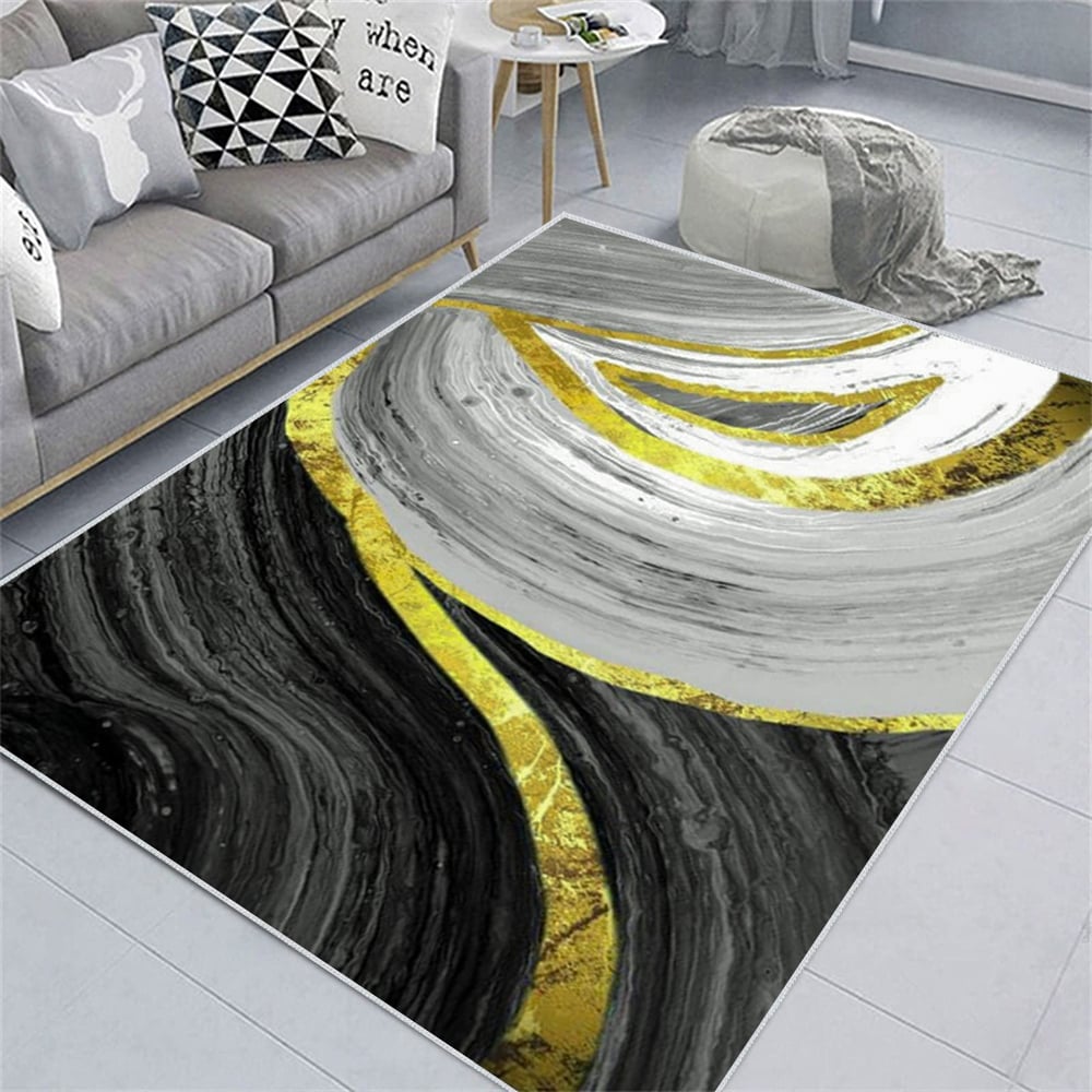 HMR - 3'x 5' Art Deco Black & Gold Abstract Area Rug Living Room Carpet with Marble Print