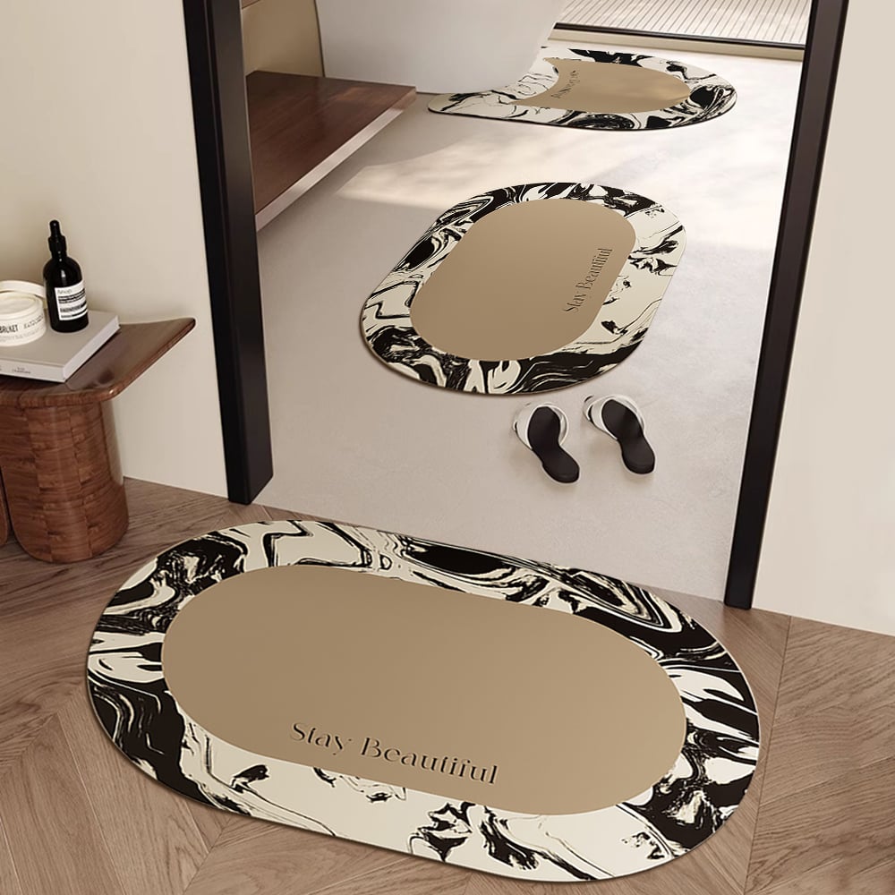 HMR - 3PCS Modern Black & White Diatom Mud Non-slip Bathroom Mat Abstract Bath Rug Set