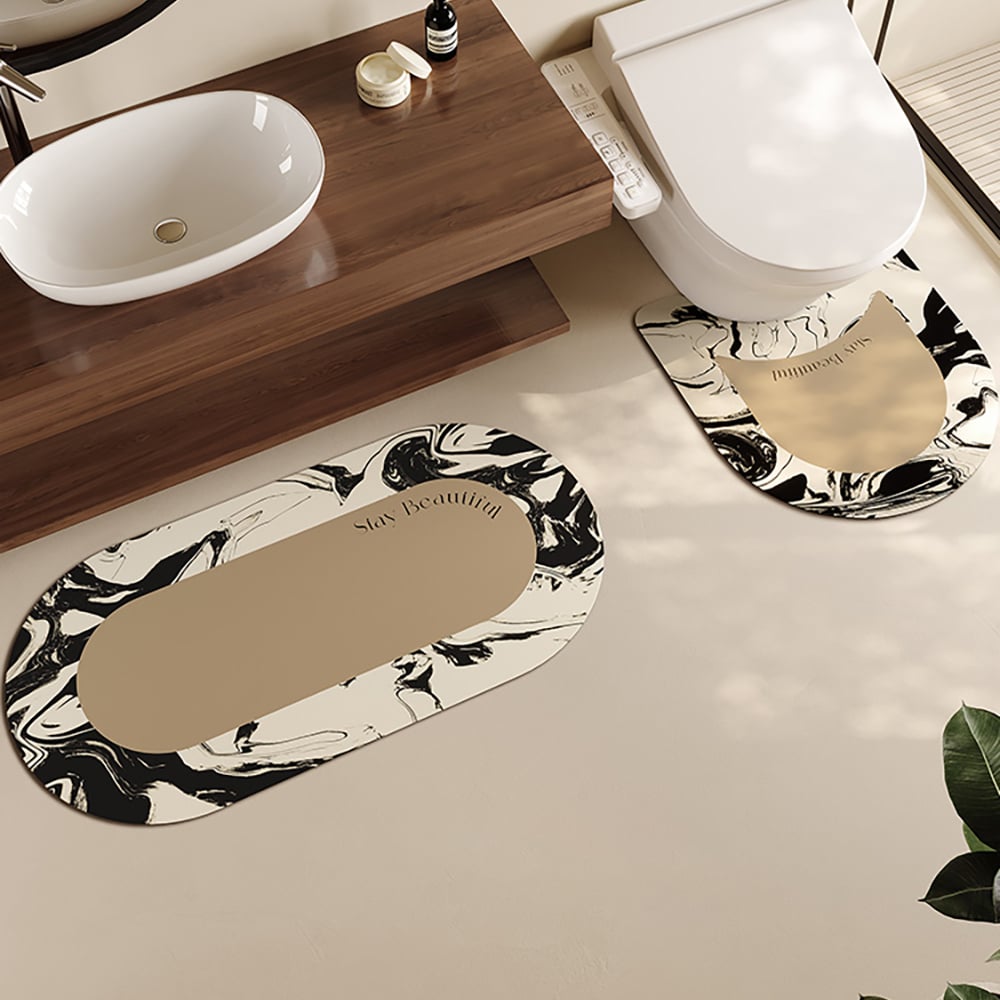 HMR - 3PCS Modern Black & White Diatom Mud Non-slip Bathroom Mat Abstract Bath Rug Set
