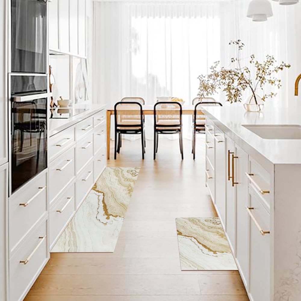 HMR - 2 Pieces Modern Marble Washable Kitchen Runner Mats Non-slip absorbent Kitchen Mat Set
