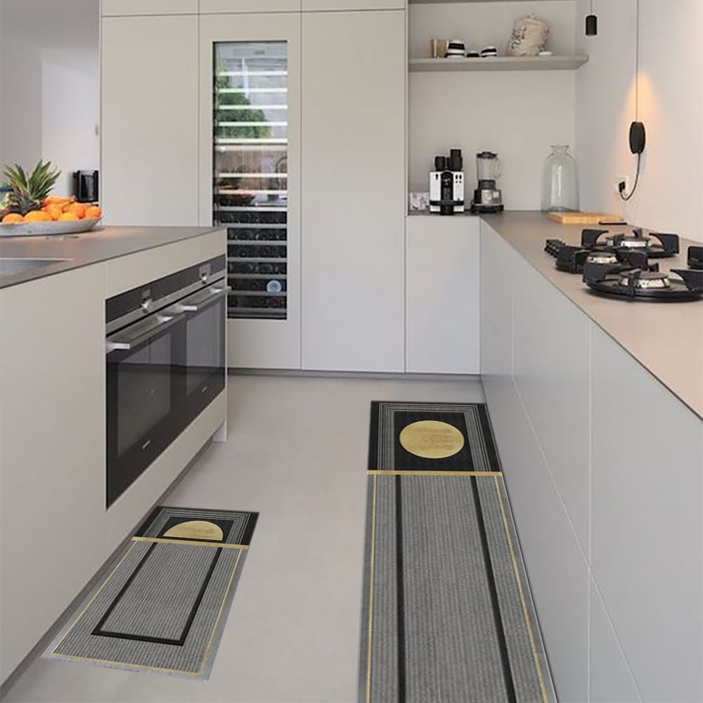 HMR - 2 Pieces Modern Dark Gray Kitchen Runner Mats Non-slip Geometric Kitchen Rug Set