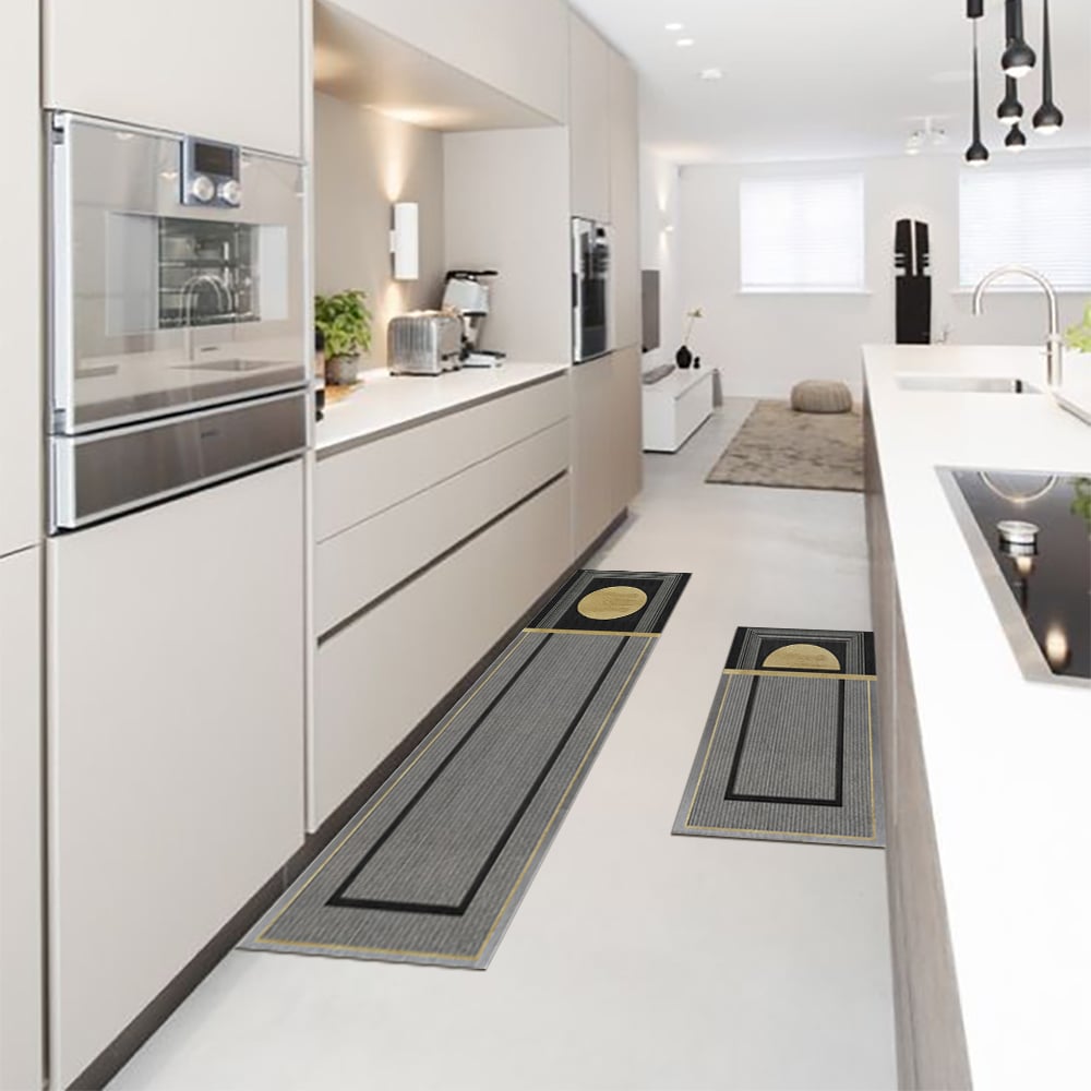 HMR - 2 Pieces Modern Dark Gray Kitchen Runner Mats Non-slip Geometric Kitchen Rug Set